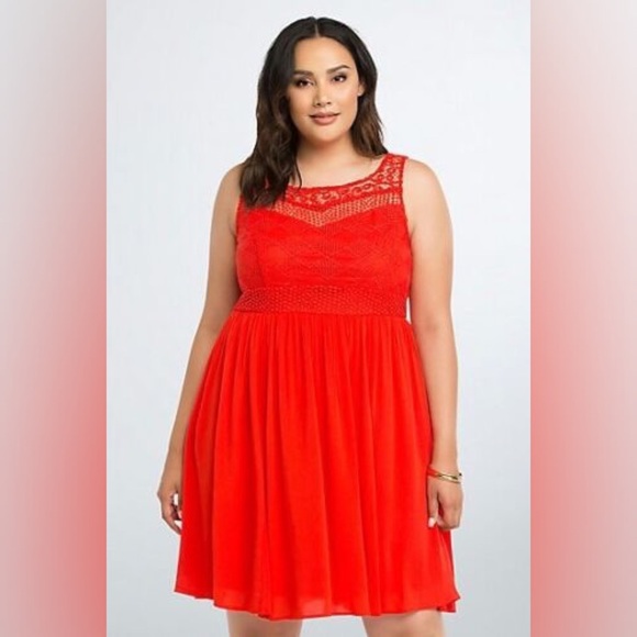 torrid Dresses & Skirts - Torrid Women's 18 Red Guaze Crochet Skater Dress Fit & Flare Knee Length…
